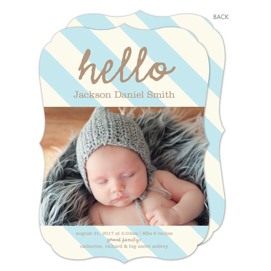 Light Blue Stripe Hello Photo Birth Announcements